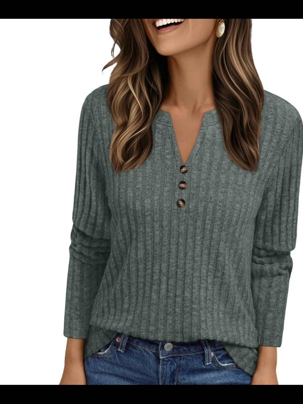 Ribbed V-Neck Button Pullover in Gray Green Color Size XXL